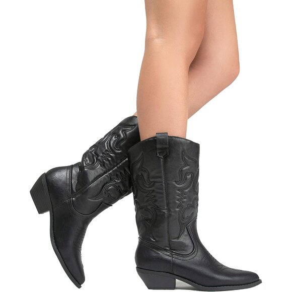 Women Polyurethane Black Mid Calf Low Heel Pointed Toe Cowgirl Western Boot - Picture 7 of 9